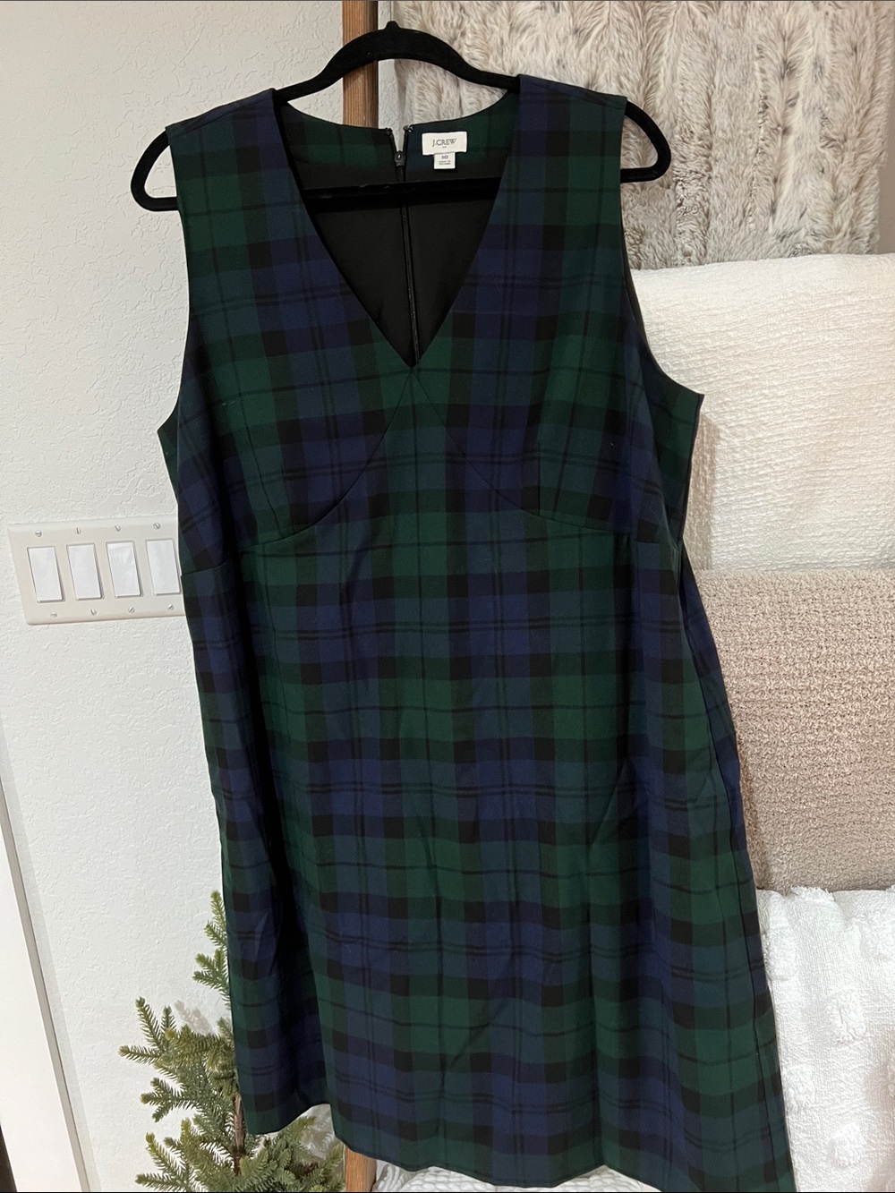 J. Crew Green and Navy Plaid V-Neck Sleeveless Dress